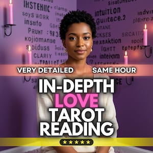 May include: A woman with short, dark hair is centered in a promotional image for a tarot reading service. The text reads "IN-DEPTH LOVE TAROT READING" with the words "VERY DETAILED" and "SAME HOUR" above. Pink candles are on the wall.