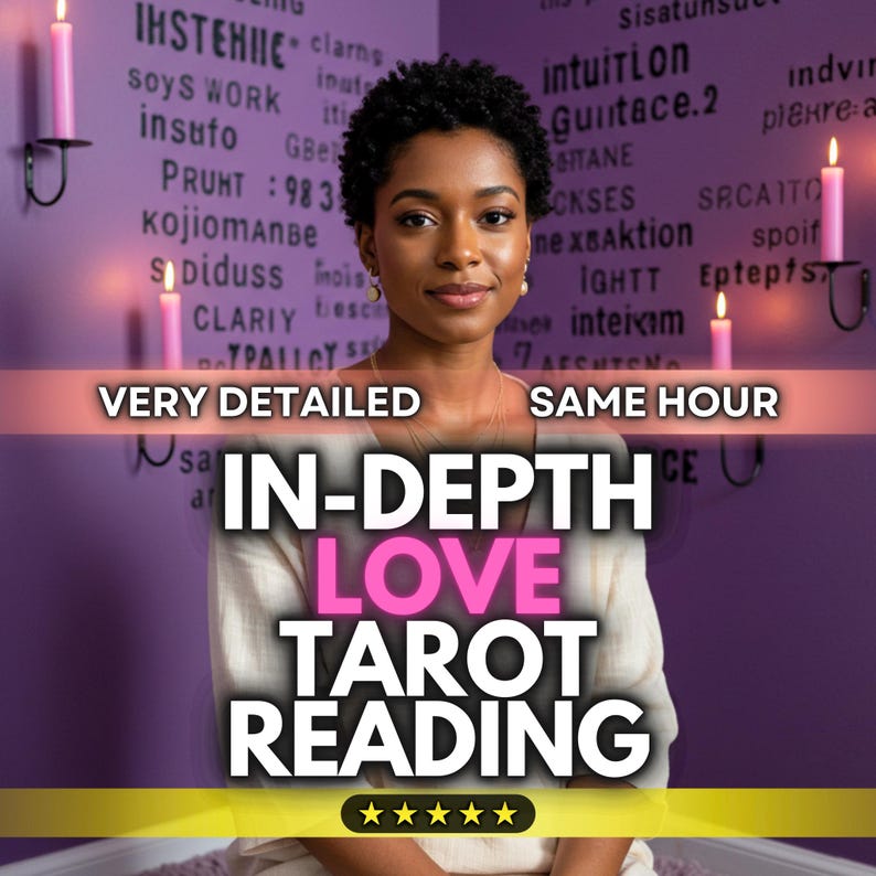May include: A woman with short, dark hair is centered in a promotional image for a tarot reading service. The text reads "IN-DEPTH LOVE TAROT READING" with the words "VERY DETAILED" and "SAME HOUR" above. Pink candles are on the wall.
