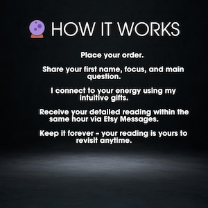 May include: A graphic with the text "HOW IT WORKS" and a purple crystal ball icon. The text explains the process: order, share name and question, connect to energy, receive reading via Etsy Messages, and keep it forever.