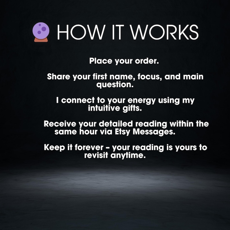 May include: A graphic with the text "HOW IT WORKS" and a purple crystal ball icon. The text explains the process: order, share name and question, connect to energy, receive reading via Etsy Messages, and keep it forever.