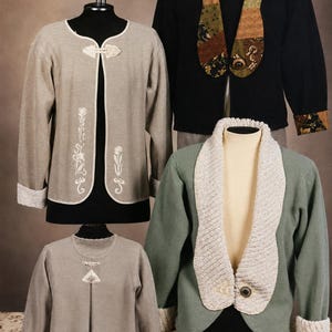 Peut inclure: Trois vestes à manches longues présentées sur des mannequins. L'une est beige avec une broderie florale blanche et une fermeture à bascule. Une autre est noire avec un col et des poignets en patchwork. La troisième est vert sauge.