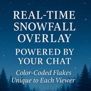 May include: A digital graphic with the words "REAL-TIME SNOWFALL OVERLAY" in white text against a dark blue background. The text "POWERED BY YOUR CHAT" is below. The graphic also says "Color-Coded Flakes Unique to Each Viewer."