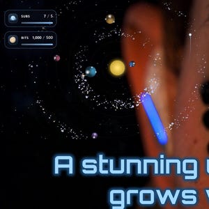 May include: An eye with a golden iris and a galaxy design. The image includes text that reads "A stunning universe that grows with your community's support."