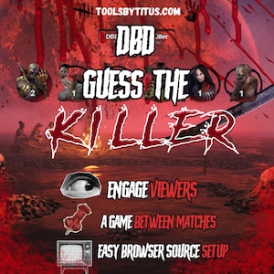 Puede incluir: Un gráfico digital para un juego titulado DBD GUESS THE KILLER con un fondo rojo salpicado de sangre. Incluye iconos de personajes, un ojo humano, una chincheta roja y un icono de televisión vintage, con texto que incluye TOOLSBYTITUS.COM.