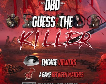 Puede incluir: Un gráfico digital para un juego titulado DBD GUESS THE KILLER con un fondo rojo salpicado de sangre. Incluye iconos de personajes, un ojo humano, una chincheta roja y un icono de televisión vintage, con texto que incluye TOOLSBYTITUS.COM.