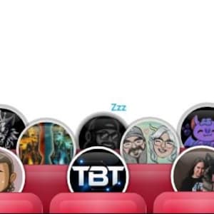 May include: A collection of round, glossy stickers with various cartoon and graphic designs. The stickers feature images of a wolf, a purple creature, and people. The text "TBT" is also visible on one sticker. The stickers are arranged on a red surface.