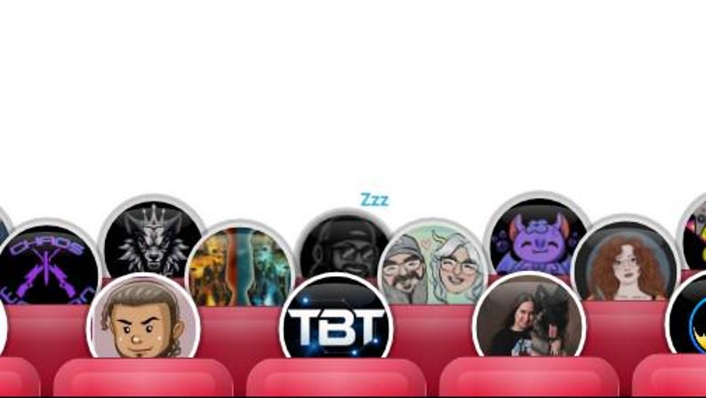 May include: A collection of round, glossy stickers with various cartoon and graphic designs. The stickers feature images of a wolf, a purple creature, and people. The text "TBT" is also visible on one sticker. The stickers are arranged on a red surface.