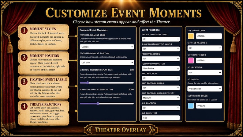 May include: A digital interface with options to customize event moments for a theater overlay. Features include moment styles, position, floating labels, and reactions. The interface has a dark background with gold accents and red curtains.