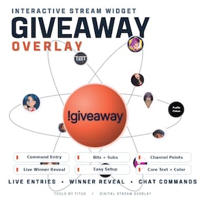 May include: An interactive stream widget giveaway overlay featuring a central orange sphere with the text !giveaway. Surrounding the sphere are orbiting profile icons and labels for command entry, bits, subs, channel points, and live winner reveal.