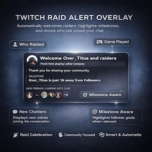 Superposición de alerta de incursión de Twitch: muestra quién incursionó, partidas jugadas, nuevos participantes y logros.