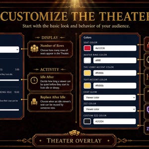 May include: A digital interface for customizing a theater overlay, featuring options for display, activity, and colors. The interface includes settings for the number of rows, idle time, and seat color, with a dark background and gold accents.
