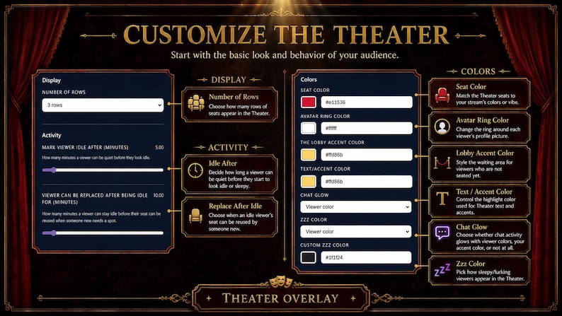 May include: A digital interface for customizing a theater overlay, featuring options for display, activity, and colors. The interface includes settings for the number of rows, idle time, and seat color, with a dark background and gold accents.