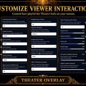 May include: A digital interface with options to customize viewer interactions on a stream. Features include shared chat, sit-with options, audience throws, throw size, and cooldowns. The design is dark with gold accents and text.