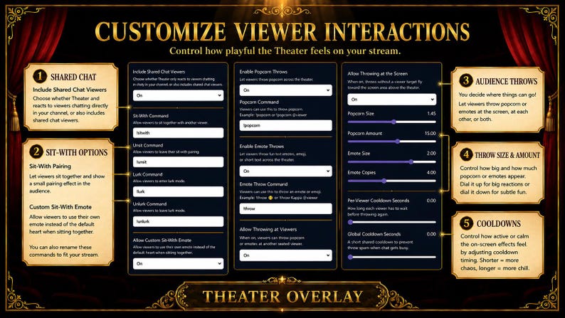 May include: A digital interface with options to customize viewer interactions on a stream. Features include shared chat, sit-with options, audience throws, throw size, and cooldowns. The design is dark with gold accents and text.