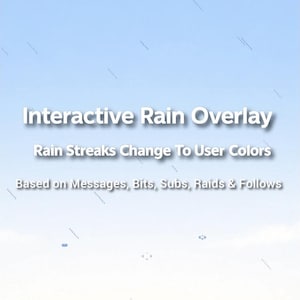 May include: A digital graphic with the text "Interactive Rain Overlay." The text "Rain Streaks Change To User Colors" is below the title. The text "Based on Messages, Bits, Subs, Raids & Follows" is at the bottom, all against a light blue background.
