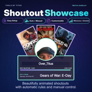 May include: A digital Twitch overlay titled Shoutout Showcase by Tools by Titus. It features a central circular profile area, three game art panels, and a status bar displaying the username Over_Titus, a progress bar, and stream schedule details.