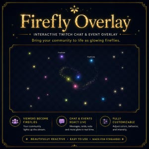 May include: A digital Firefly Overlay for Twitch chat and events featuring glowing, multi-colored light points on a dark background. The graphic includes text labels like Firefly Overlay, Viewers Become Fireflies, Chat & Events React Live, and Fully Customizable, showcasing interactive elements for live streaming.