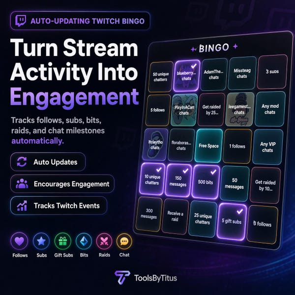 Interactive Twitch Bingo Board Overlay for Streamers | Extremely Customizable | Automatic | Built for Engagement No StreamElements Required