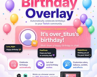 Interactive Twitch Birthday Overlay | Celebrate YOUR Community | Automatic Birthday Celebrations, Chat Wishes, Balloons, Confetti