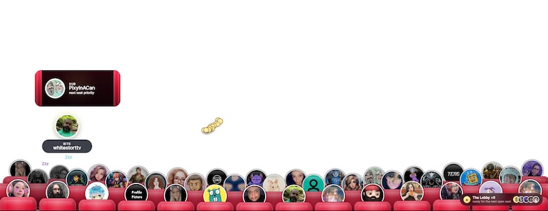 May include: A wide shot of a virtual event or online gathering. The image features a red seating area with numerous profile pictures of participants. Above, there are two rectangular banners with profile pictures and text. A gold chain-like graphic floats in the center.