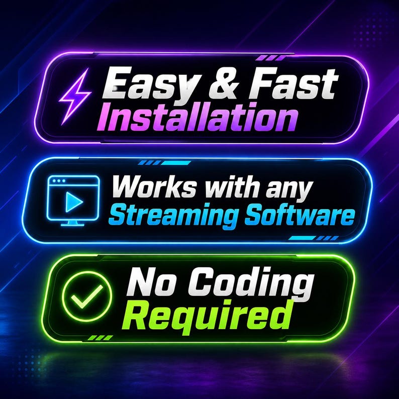 May include: Three rectangular graphics with neon borders and text. The top graphic reads "Easy & Fast Installation" with a lightning bolt icon. The middle graphic says "Works with any Streaming Software" with a video player icon. The bottom graphic says "No Coding Required" with a checkmark icon.