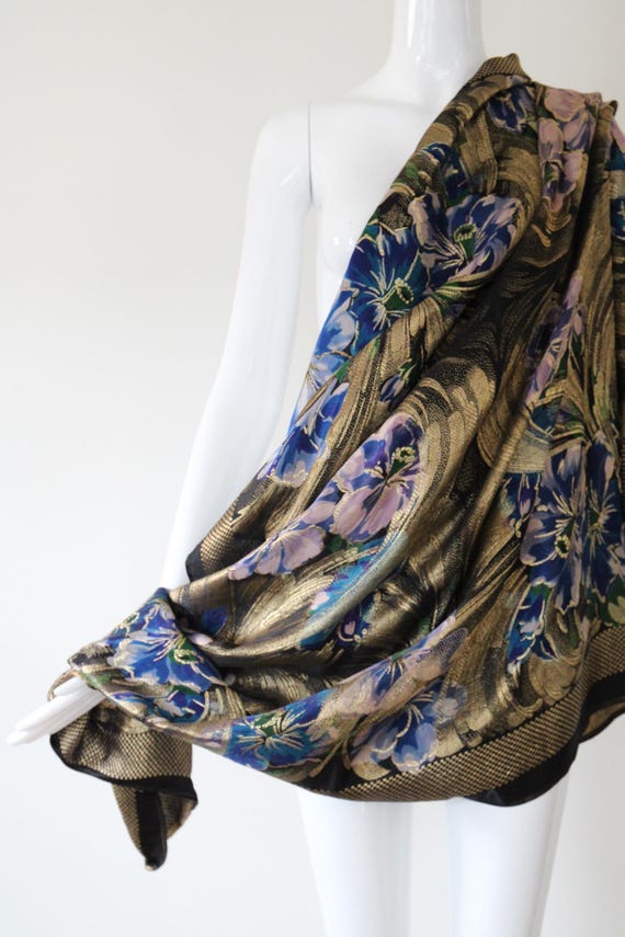 Vintage 1920s gold silk lamé shawl lilac floral s… - image 5