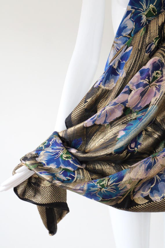 Vintage 1920s gold silk lamé shawl lilac floral s… - image 4