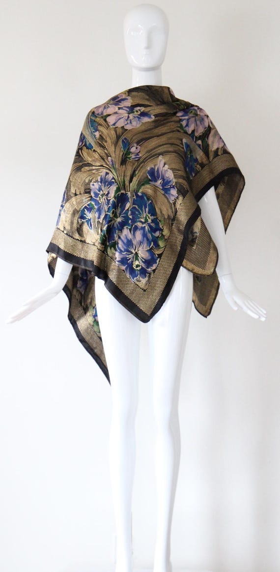 Vintage 1920s gold silk lamé shawl lilac floral s… - image 2