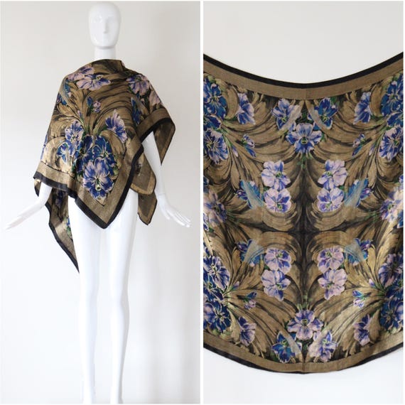 Vintage 1920s gold silk lamé shawl lilac floral s… - image 1