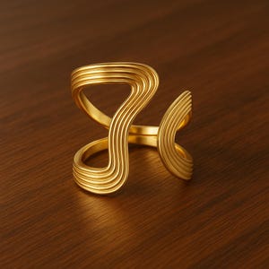 Peut inclure: Un bracelet manchette doré avec un design ouvert unique. Le bracelet présente une série de lignes parallèles et striées qui se courbent et s'écoulent, créant une forme abstraite. Le bijou est posé sur une surface en bois sombre.