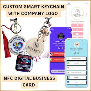 May include: Custom smart keychain with company logo, featuring a variety of designs. Includes a red tassel, a baseball, and digital business card mockups. The keychain designs include the text "TRAMITE HISPANO" and "PETES GARAGE".