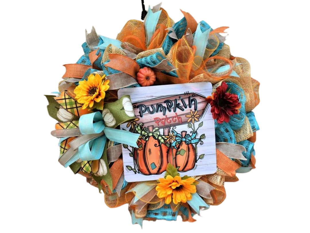 Pumpkin Patch Fall Wreath Rustic Autumn Door Decor Pumpkin Patch Mesh ...
