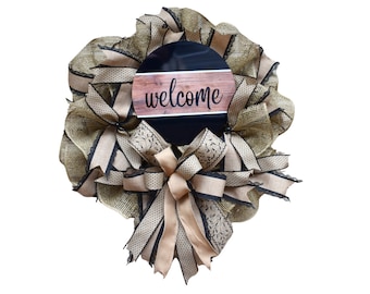 Handcrafted Rustic Burlap Welcome Wreath Elegant Neutral Door Decor Pancake Wreath Summer Spring Wreath Front Door Decor Everyday Wreath