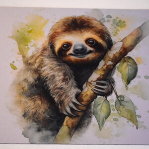 May include: A watercolor painting of a brown sloth with a happy expression, hanging on a branch with green leaves. The background is a light purple with yellow and green watercolor splatters.
