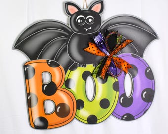 Czarny nietoperz Halloween Boo Wieszak na drzwi Dekoracja na drzwi wejściowe Drewniany wieniec Dekoracja sezonowa Pomarańczowy czarny zielony wieniec