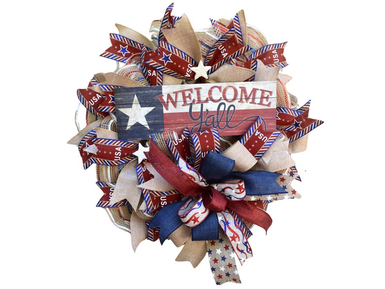 Handcrafted Patriotic "welcome Y'all" Wreath Americana Door Decor ...
