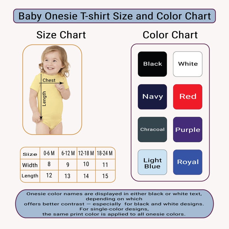 May include: A chart detailing baby onesie t-shirt sizes and colors. The size chart shows measurements in inches for width and length, ranging from 8" to 11" wide and 12" to 15" long. The color chart displays options like black, white, navy, red, and purple.