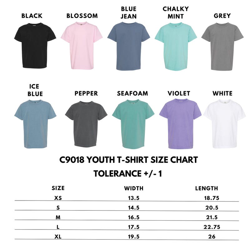 May include: A collection of ten short-sleeved youth t-shirts in black, blossom, blue jean, chalky mint, grey, ice blue, pepper, seafoam, violet, and white. Below the shirts is a C9018 youth t-shirt size chart with width and length in inches.