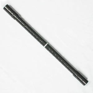 May include: A black metal shelf pole with a white band in the middle. The pole is cylindrical and has a series of horizontal grooves along its length. The ends of the pole are capped with a darker metal.