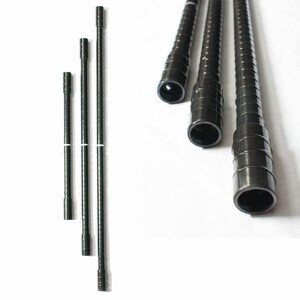 May include: Black metal shelf poles of varying lengths are arranged against a white background. The poles have a ridged texture and are hollow at the ends. The image shows a set of shelf poles, likely for a shelving unit.