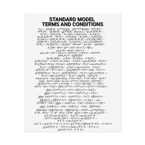May include: A white poster displaying the text "STANDARD MODEL TERMS AND CONDITIONS". The poster is covered in intricate mathematical equations and symbols, possibly related to physics or a scientific discipline.