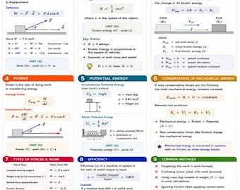 Classical Physics Part 4: Work, Power and Energy Formula Sheet