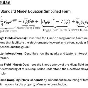 Peut inclure: Sur fond blanc, le titre « The Formulae » et une forme simplifiée de l'équation du modèle standard lagrangien. En dessous, quatre termes sont décrits, dont les champs de jauge, les interactions de la matière, le champ de Higgs et le couplage de Yukawa.