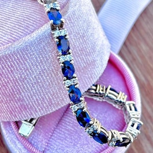 Sapphire Tennis Bracelet, 14K Yellow Gold, CZ Diamond Accents