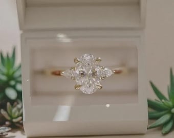 3CT Oval Cut Moissanite Engagement Ring With Side Stone Pear Diamond 14K Gold Hidden Halo Ring, Oval Single Prong Band Ring Gift For Her,