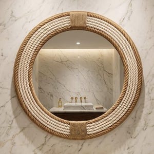 May include: A round mirror with a rope-wrapped frame hangs above a marble sink with gold fixtures. The bathroom features a marble countertop and a dark wood vanity. A soap dispenser and folded towel are visible.