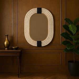 May include: Oval mirror with a rope-style frame. The frame is made of tightly wound, off-white rope, with black accents at the top and bottom. The mirror has a gold-colored inner frame and is mounted on a brown wall.