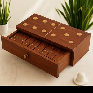 May include: A wooden domino set with a drawer, featuring a dark brown finish and gold-colored dot accents. The set includes a lid with gold dots and a drawer filled with dominoes. A classic game for family fun.