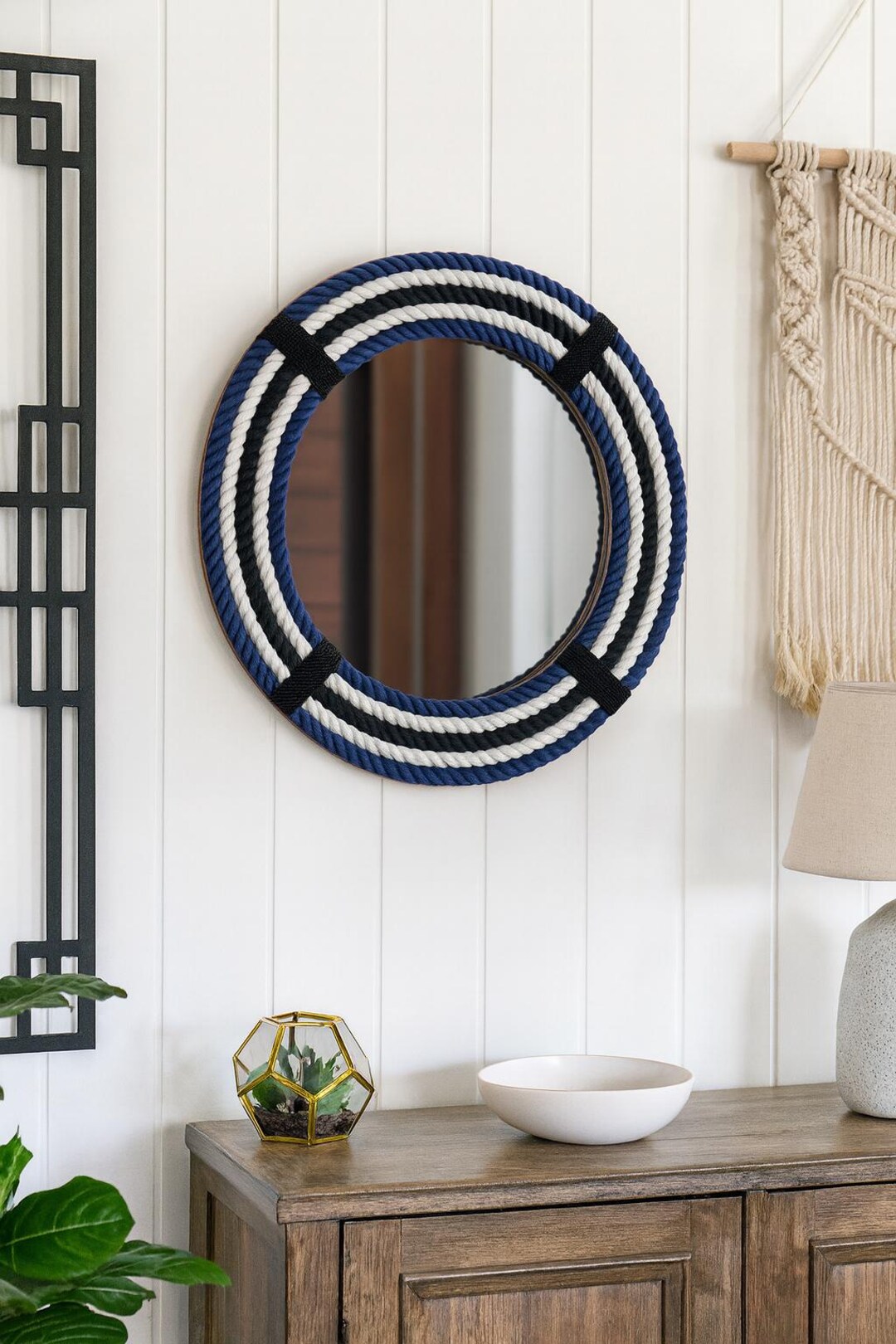 Handcrafted Nautical Rope Mirror: Coastal Blue & White Wall Hanging - Etsy