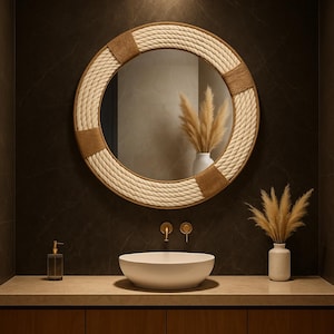 May include: A round mirror with a rope-like border, accented with brown rope sections. The mirror hangs above a white, oval sink, with a neutral-toned countertop and dark brown cabinetry. A vase of dried pampas grass sits on the counter.
